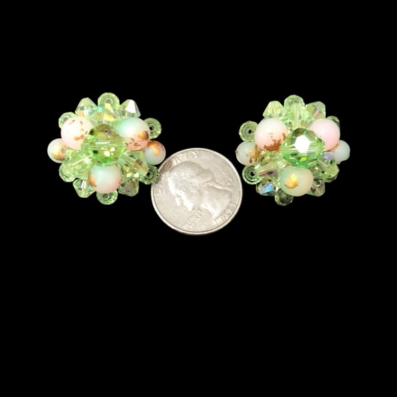 Vintage 50s 60s Green White Rhinestone Beaded Necklace & Earring Set - Picture 9 of 9